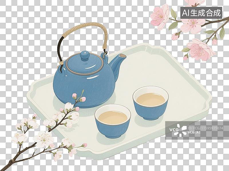 【AI数字艺术】中国风手绘插画，茶具和桃花，海棠花，茶壶茶杯，茶叶，茶文化，茶道，春天，立春，春分，清明节，免抠元素图片素材