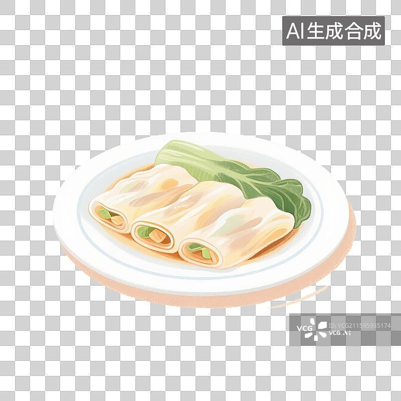【AI数字艺术】中国风手绘插画，广式早茶茶点，肠粉，卷筒粉，早餐，早茶，美食食品，免抠元素图片素材