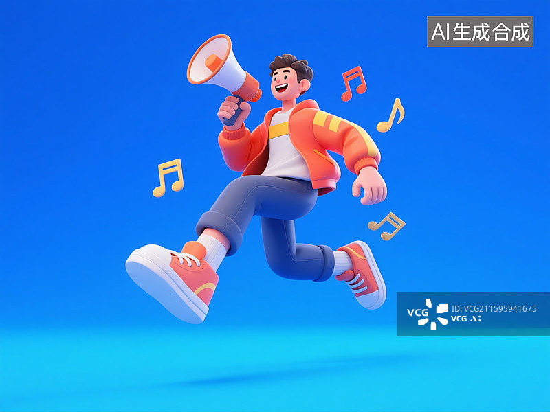 【AI数字艺术】3D三维立体C4D现代都市时尚潮流男性男孩青年人举着喇叭卡通形象图片素材