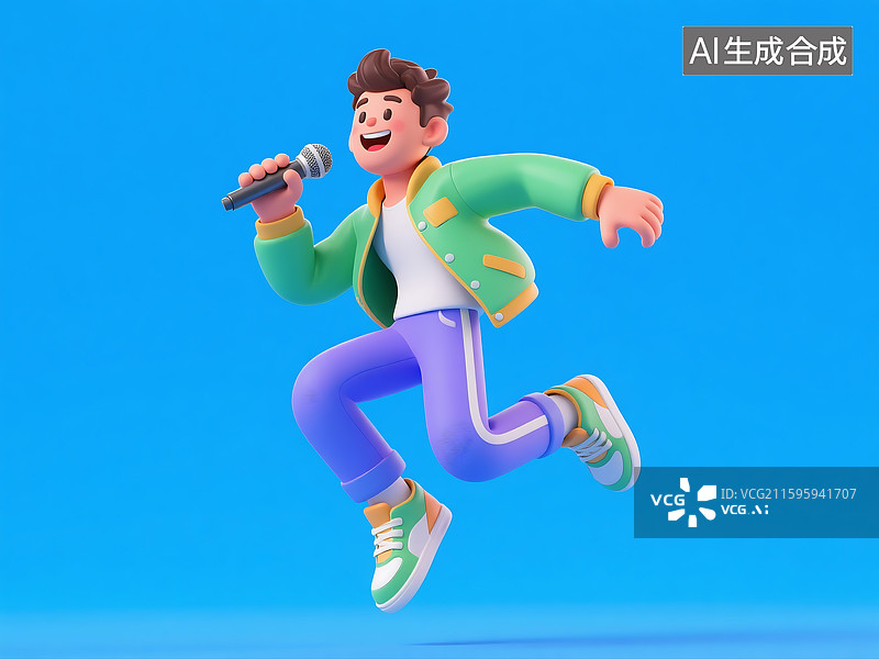 【AI数字艺术】3D三维立体C4D现代都市时尚潮流男性男孩青年人拿麦克风卡通形象图片素材