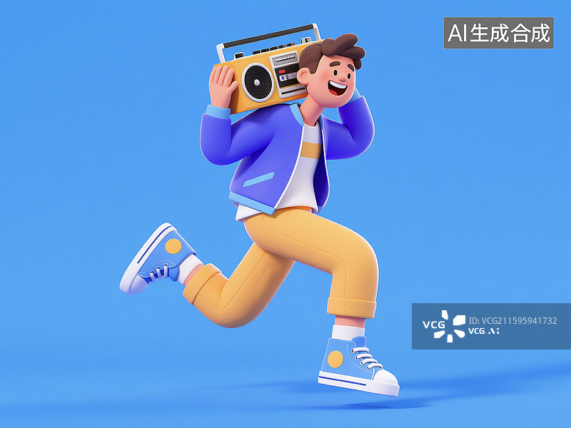 【AI数字艺术】3D三维立体C4D现代都市时尚潮流男性男孩青年人扛着音响收音机卡通形象图片素材