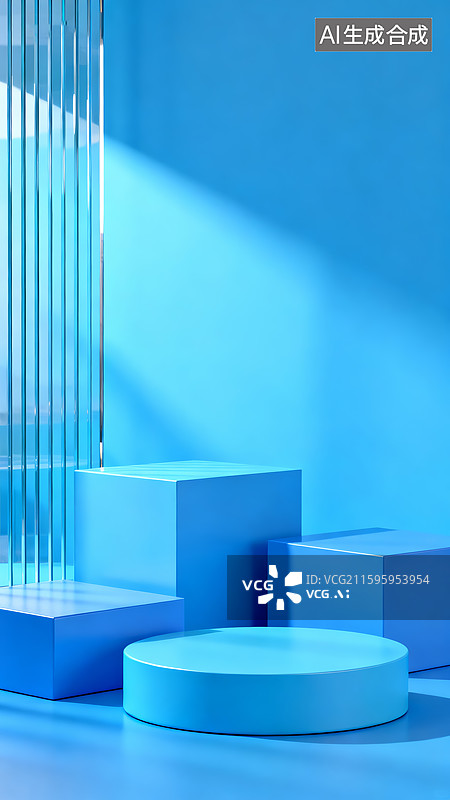 【AI数字艺术】蓝色清新格栅玻璃电商展台图片素材