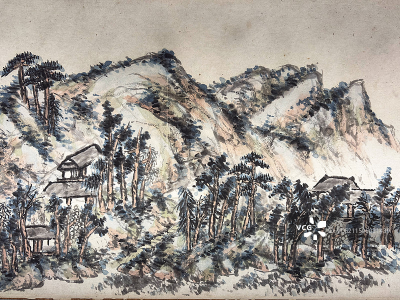 杭州博物馆展出嘉兴博物院藏清光绪二十九年蒲华设色紫阳山居图卷图片素材