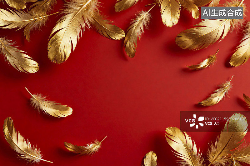 【AI数字艺术】红色背景上的金色羽毛图片素材