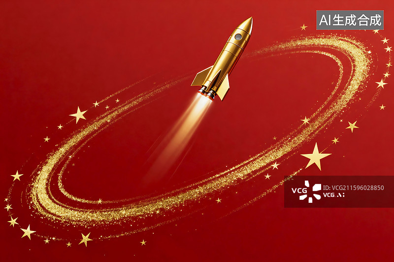 【AI数字艺术】金色火箭迸发前行光芒图片素材