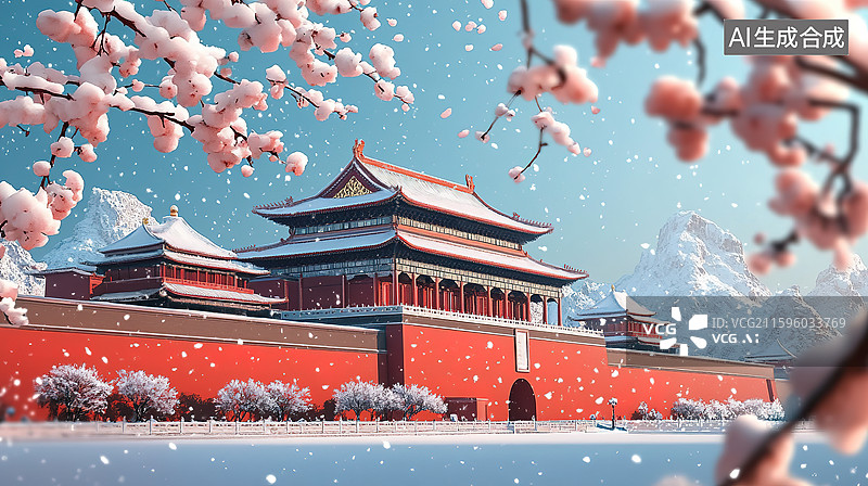 【AI数字艺术】国风鲜花盛开背景下的雪中中国传统古建筑风景插画图片素材