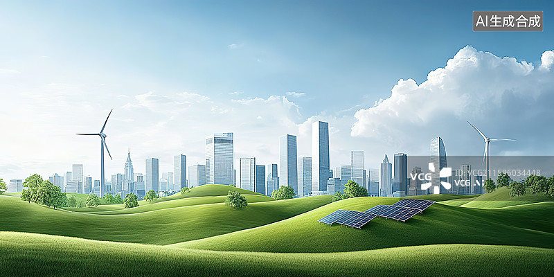 【AI数字艺术】新能源发电绿色低碳城市美好生活环保主题插画图片素材