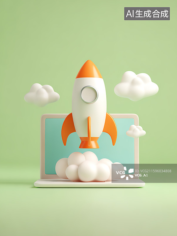 【AI数字艺术】飞出电脑的小火箭和创意创造概念图片素材