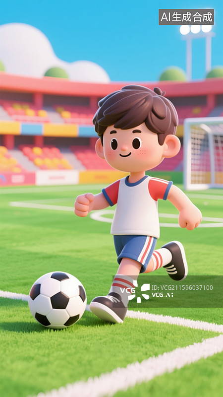 【AI数字艺术】3D卡通风格男生在足球场踢足球比赛主题插画图片素材