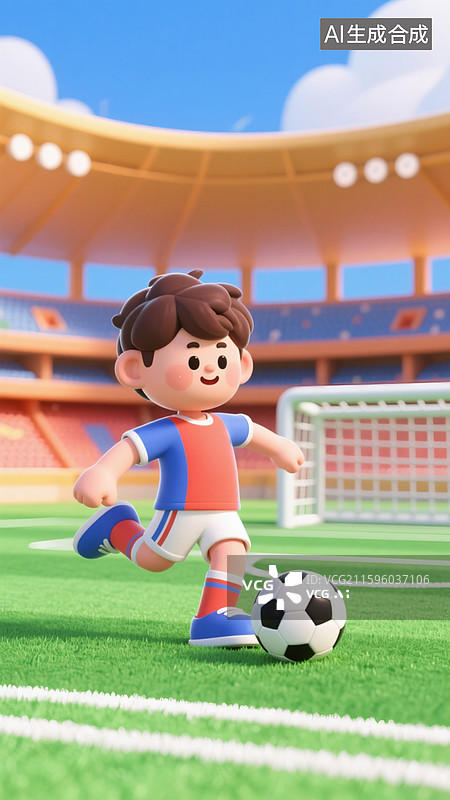 【AI数字艺术】3D卡通风格男生在足球场踢足球比赛主题插画图片素材