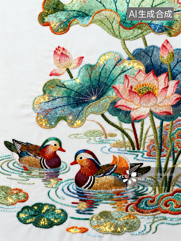 【AI数字艺术】鸳鸯戏水荷花图图片素材