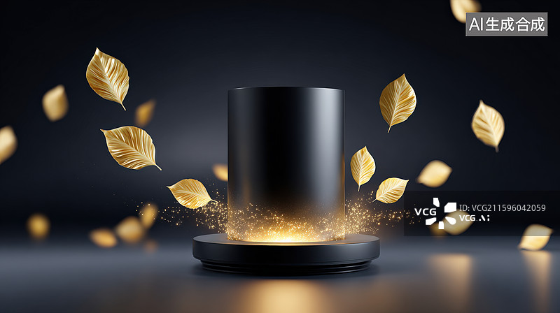 【AI数字艺术】金色落叶环绕的黑色圆柱展示台图片素材
