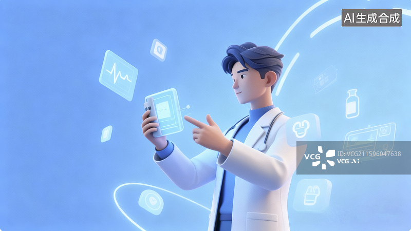【AI数字艺术】科技医疗插画卡通风格的医生在进行远程医疗图片素材