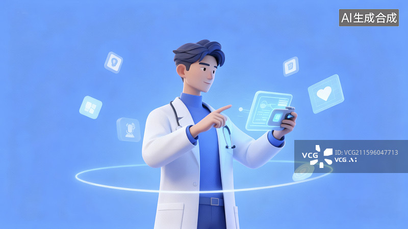 【AI数字艺术】科技医疗插画卡通风格的医生在进行远程医疗图片素材