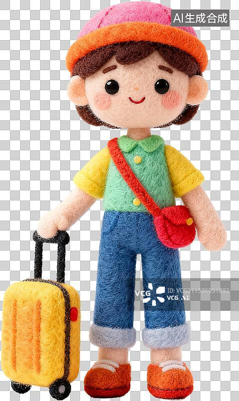 【AI数字艺术】卡通3D毛毡风格女孩和行李箱飞机旅行插画元素图片素材