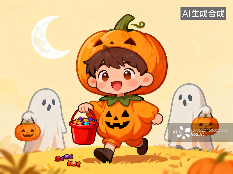 【AI数字艺术】儿童穿着万圣节服装讨糖 南瓜灯 不给糖就捣蛋 Trick or Treat 女巫 鬼怪 万圣节活动图片素材