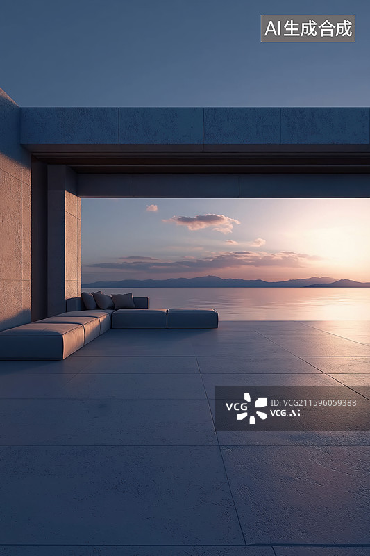 【AI数字艺术】现代建筑露台日落景观图片素材