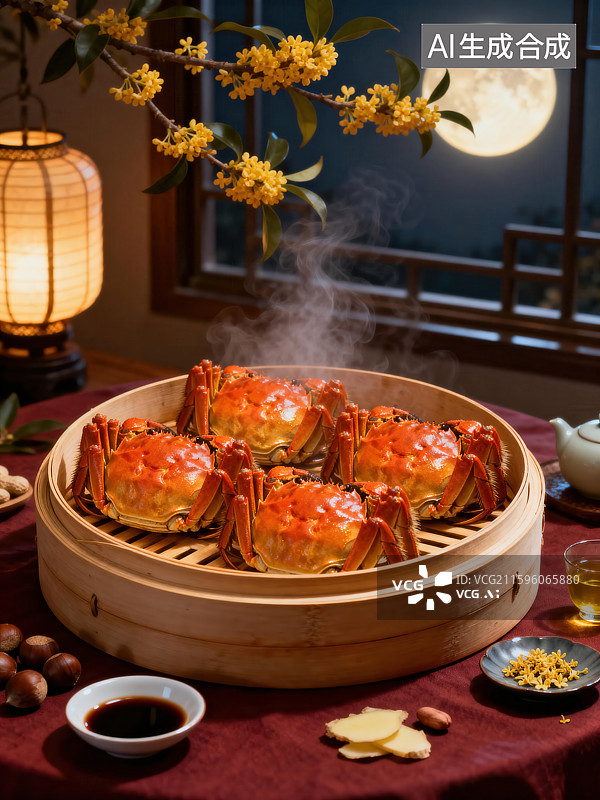 【AI数字艺术】月下蒸蟹赏桂花图片素材