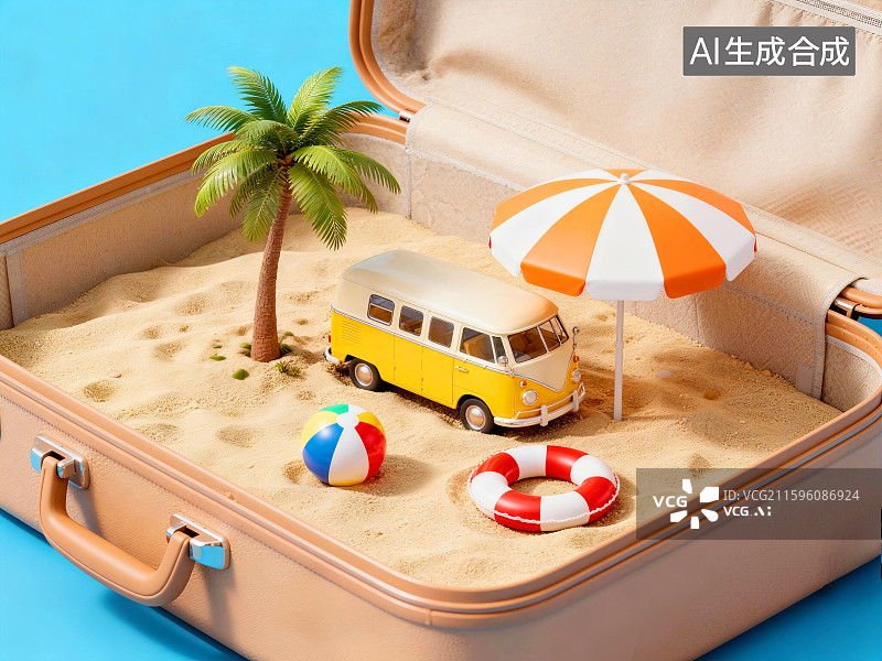 【AI数字艺术】打开的手提行李箱里的海岛创意场景图片素材