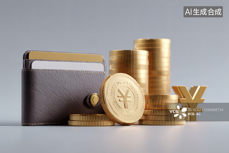 【AI数字艺术】桌面堆叠起来的金币，一个牛皮钱包，人民币标识，个人财富图片素材
