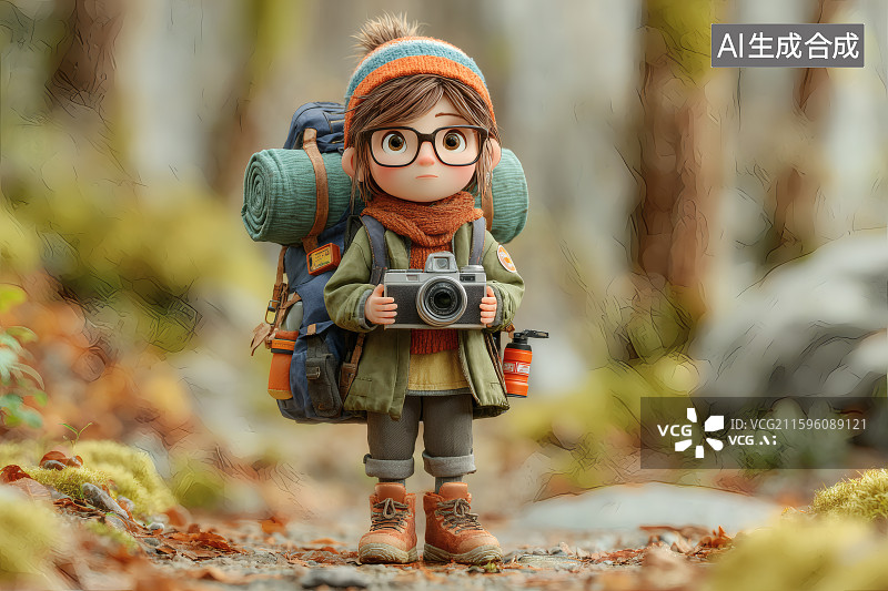 【AI数字艺术】立秋，一条布满落叶的山路，旅游爱好者背着行囊，手拿相机图片素材
