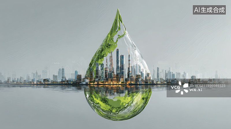 【AI数字艺术】城市建筑为背景，一滴水滴，节约用水海报图片素材