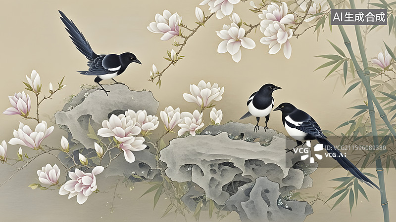 【AI数字艺术】喜鹊玉兰工笔画图片素材