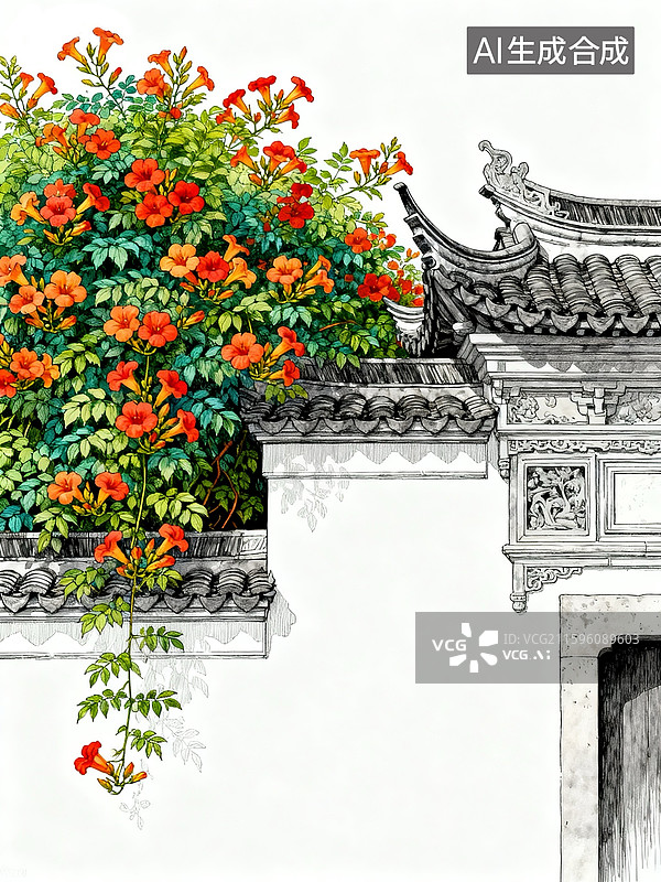 【AI数字艺术】中式建筑旁开了一簇花图片素材