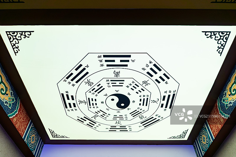 中国级旅游景区拍摄主题，山东省济宁市任城区观音阁道观宫殿天花板的太极八卦乾坤图，室内无人图像摄影图片素材