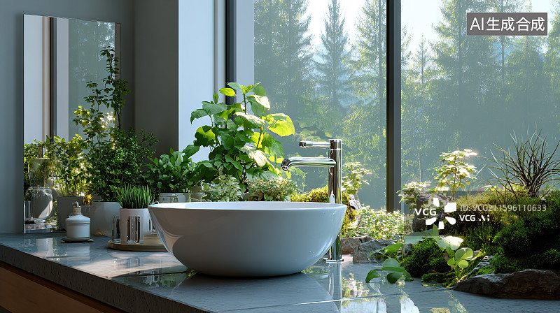 【AI数字艺术】写实清新浴室与绿植图片素材