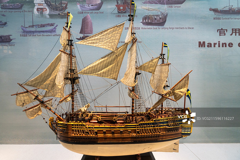 中国广东广州，广州十三行博物馆，瑞典古代商船哥德堡号模型图片素材