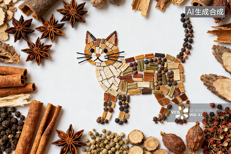 【AI数字艺术】创意手工制作的猫咪由传统中式香料包括八角桂皮沉香和花椒制作白色背景现代装饰设计图片素材