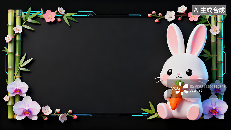 【AI数字艺术】创意动物对话框设计中式传统风格和3D卡通插画元植物花卉竹子传统文化黑色背景现代数字营销和海报设计图片素材