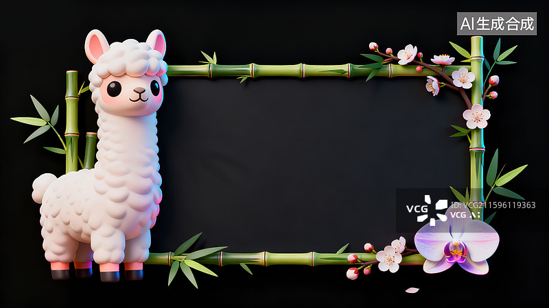 【AI数字艺术】创意动物对话框设计中式传统风格和3D卡通插画元植物花卉竹子传统文化黑色背景现代数字营销和海报设计图片素材