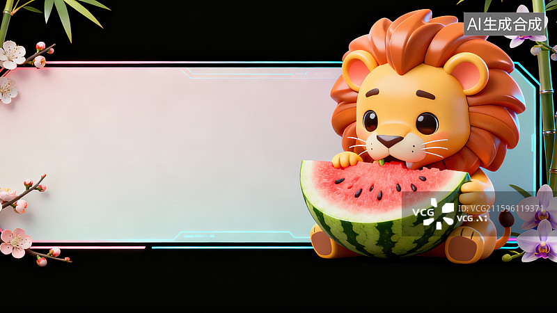 【AI数字艺术】创意动物对话框设计中式传统风格和3D卡通插画元植物花卉竹子传统文化黑色背景现代数字营销和海报设计图片素材