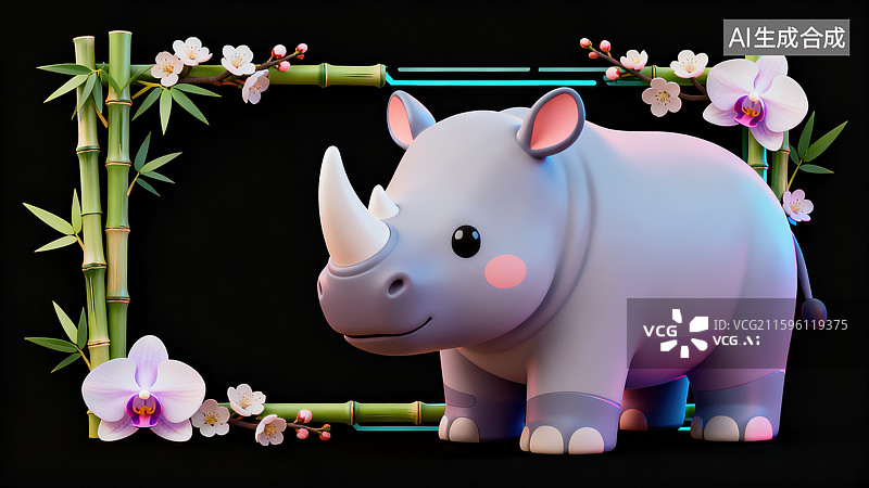 【AI数字艺术】创意动物对话框设计中式传统风格和3D卡通插画元植物花卉竹子传统文化黑色背景现代数字营销和海报设计图片素材