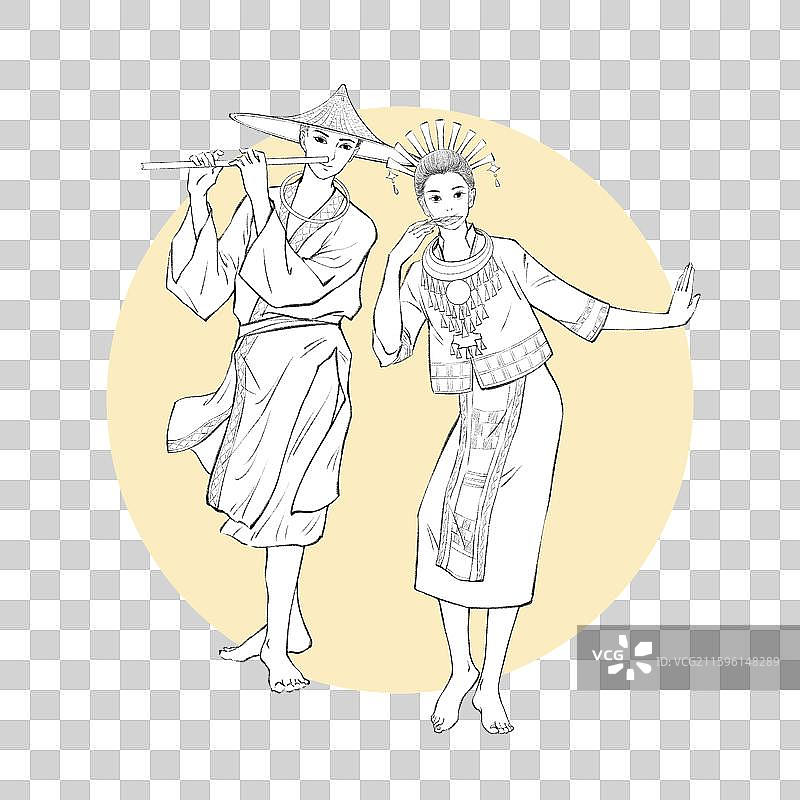 56民族，海南少数民族黎族，鼻啸，线稿。图片素材