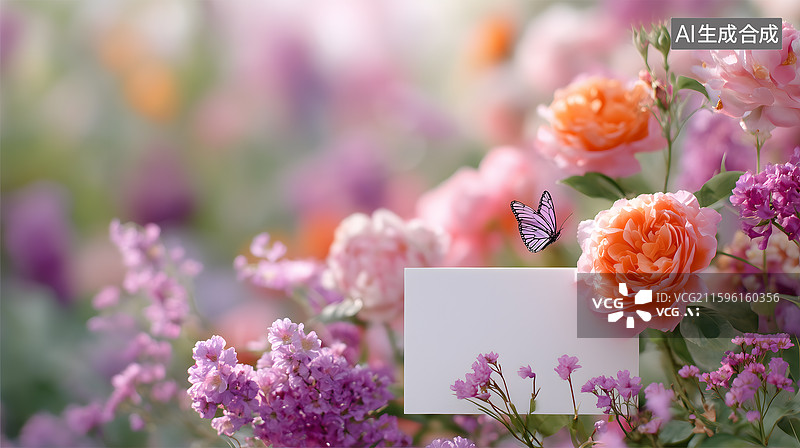 【AI数字艺术】花海间的蝶与空白信笺图片素材