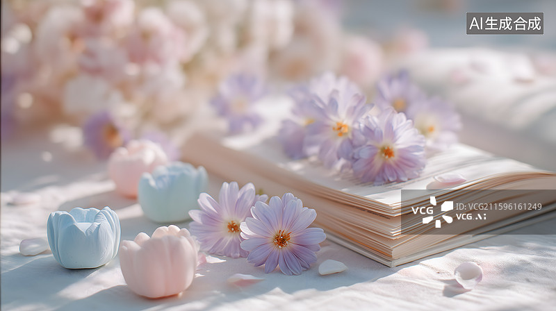 【AI数字艺术】花与书的温柔时光定格图片素材