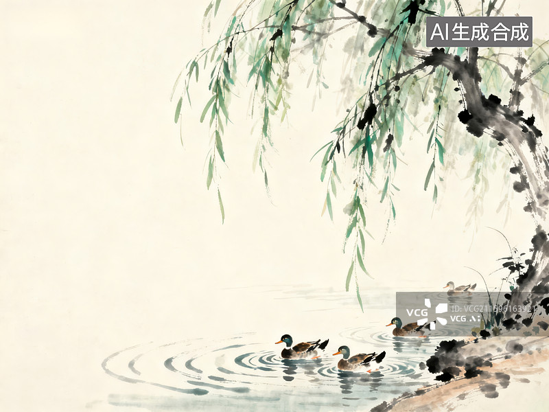 【AI数字艺术】柳下鸭戏图图片素材