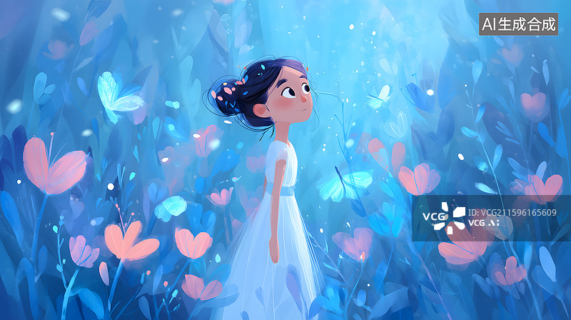 【AI数字艺术】花海中的白裙女孩图片素材