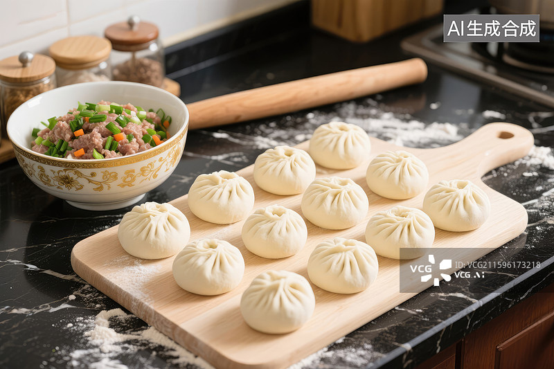 【AI数字艺术】厨房中制作美味的手工包子图片素材