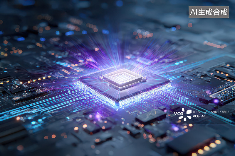 【AI数字艺术】芯片放射紫蓝光芒电路板科技特写图片素材