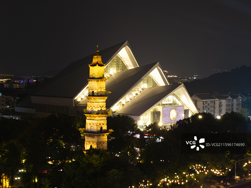 绍兴城市广场夜景航拍图片素材