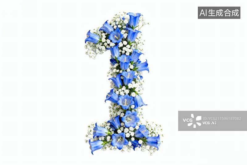 【AI数字艺术】白色背景，蓝色玲花与满天星组成的数字“1”图片素材