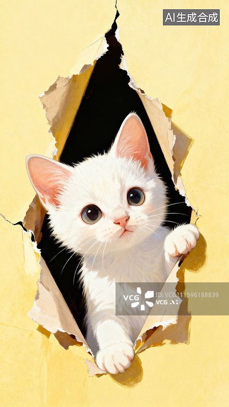 【AI数字艺术】一只白色的小猫撕开画面的边缘手绘插画图片素材
