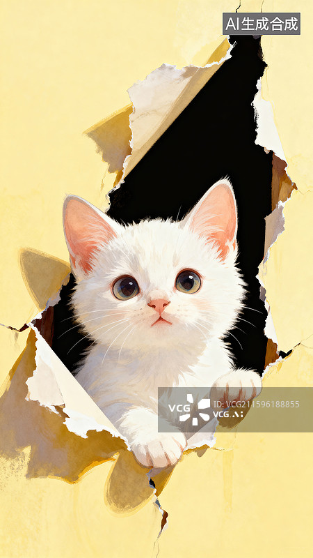 【AI数字艺术】一只白色的小猫撕开画面的边缘手绘插画图片素材