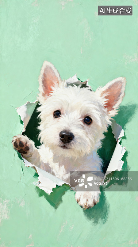 【AI数字艺术】一只白色的小狗撕开画面的边缘手绘插画图片素材