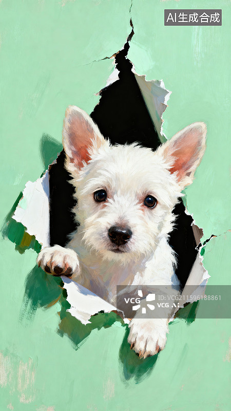 【AI数字艺术】一只白色的小狗撕开画面的边缘手绘插画图片素材