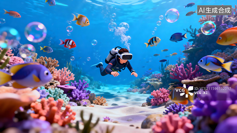 【AI数字艺术】虚拟现实潜水员探索多彩珊瑚礁图片素材